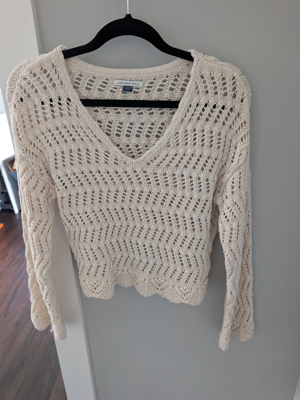 American Eagle Outfitters Cream Open-Knit V-Neck Sweater